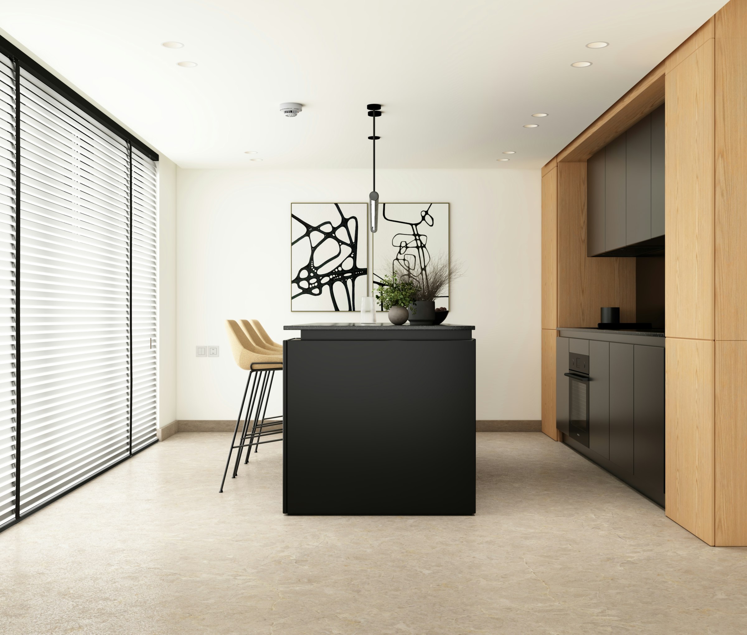 Kitchen island with stools and tall oak units