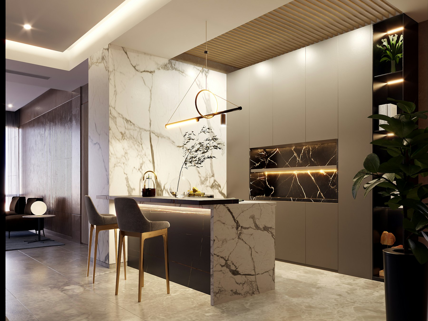 Marble island under a pendant light in a Greenwich residence