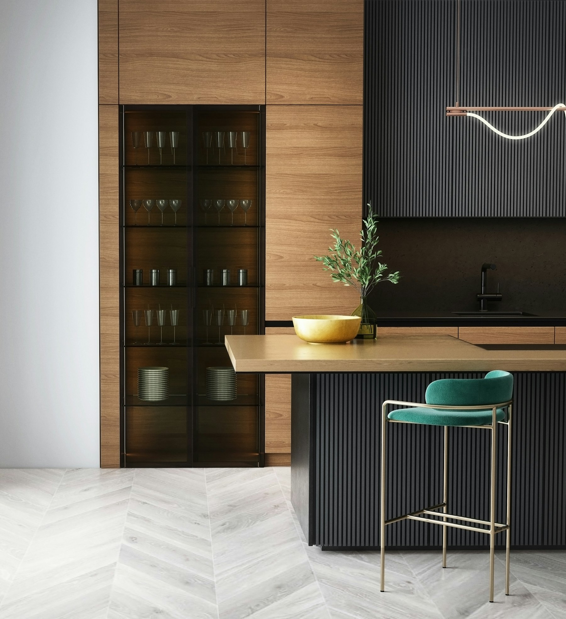 Oak and black kitchen with an island in a Tribeca loft