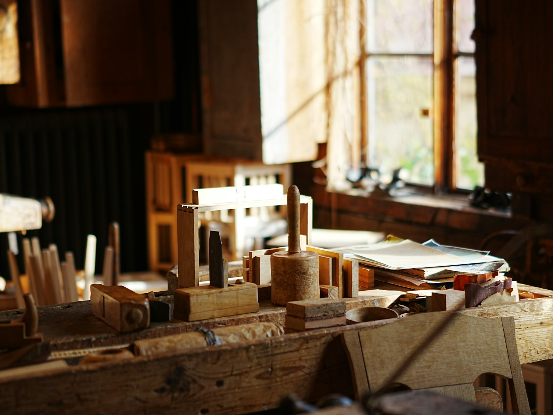 Sunlit workbench with hand tools